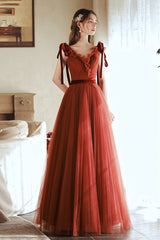 A-Line Tulle Long Prom Dress, V-Neck Evening Party Dress
