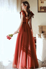 A-Line Tulle Long Prom Dress, V-Neck Evening Party Dress