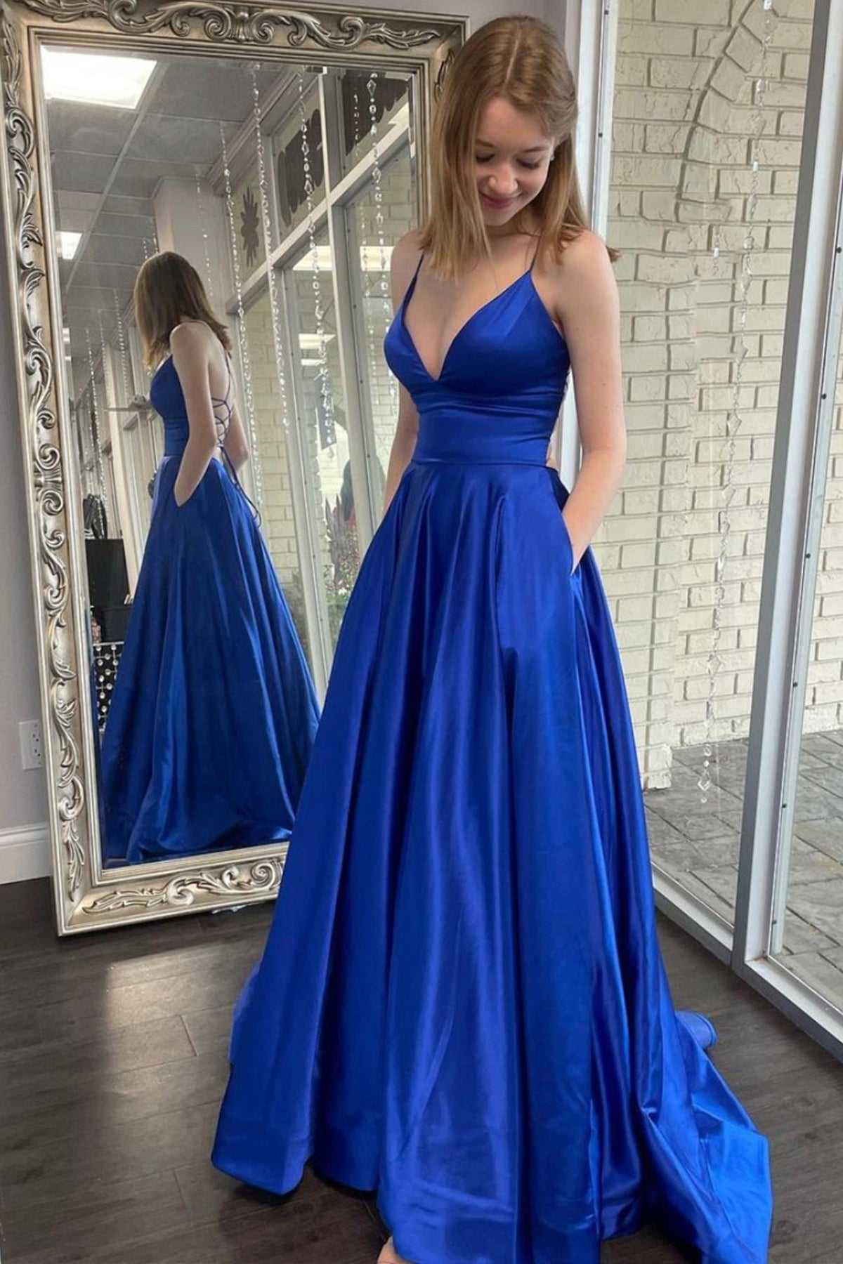 Blue Satin Long Prom Dresses, A-Line Backless Evening Dresses with Pockets