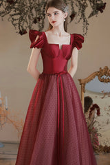 Burgundy Satin Tulle Long Prom Dress, A-Line Evening Dress