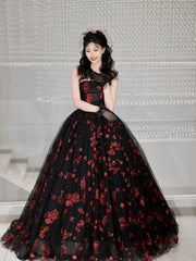 Black Tulle and Red Sequins Long Formal Dress, A-Line Strapless Evening Party Dress