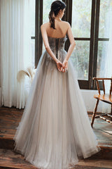 Gray Tulle Strapless Long Prom Dresses, A-Line Formal Evening Dresses