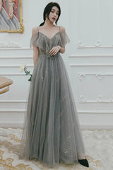 Gray Tulle Sequins Long Prom Dresses, A-Line Evening Dresses
