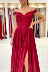 Burgundy Satin Long Prom Dresses, A-Line Off the Shoulder Evening Dresses