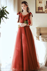 A-Line Tulle Long Prom Dress, V-Neck Evening Party Dress