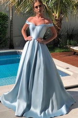 Blue Satin Long Prom Dresses, Off the Shoulder Evening Dresses