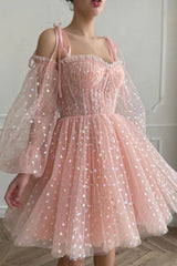 Pink Tulle Short Prom Dresses, Cute Puff Sleeved Mini Party Dresses