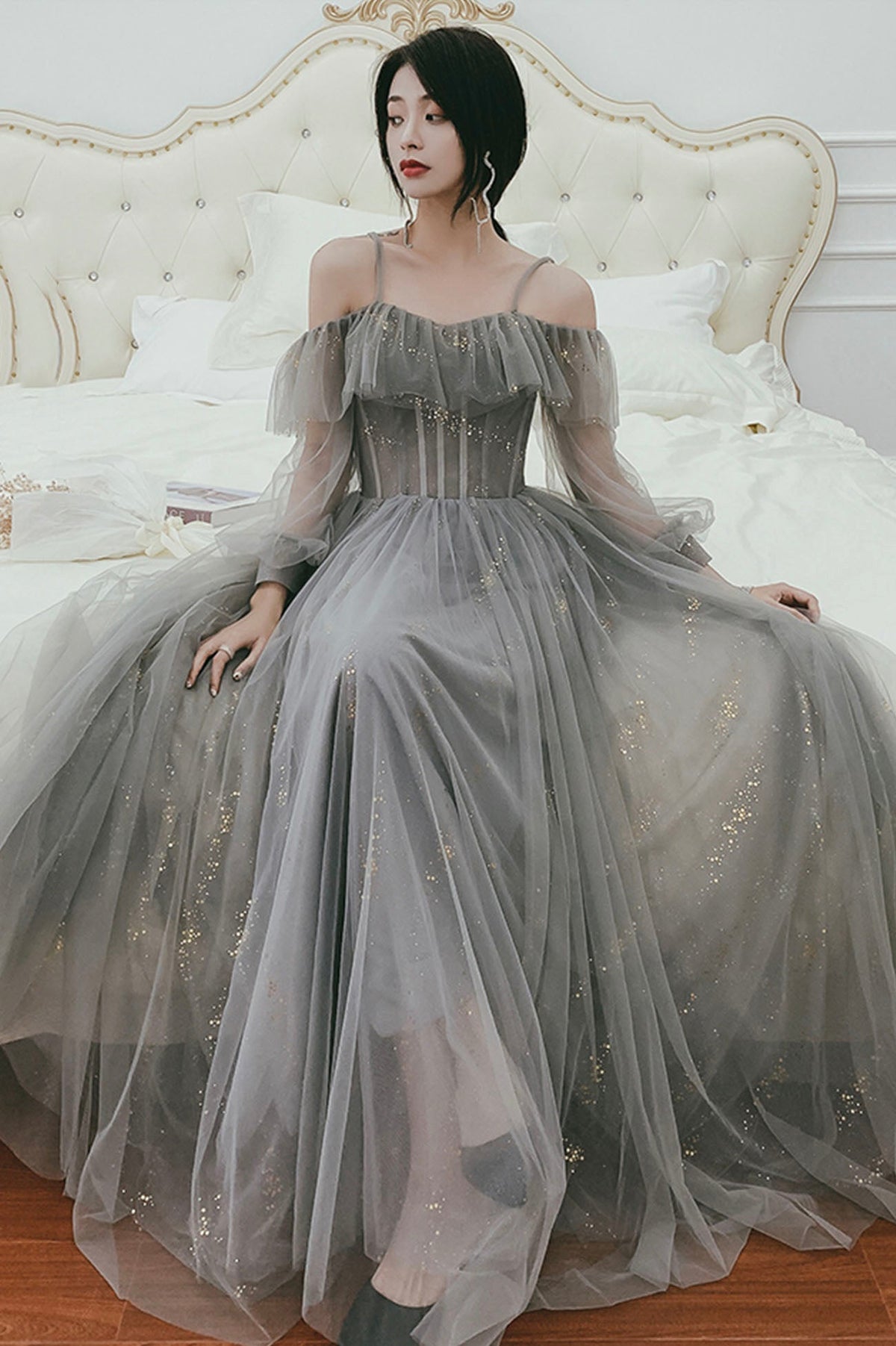 Gray Tulle Sequins Long Prom Dresses, A-Line Evening Dresses