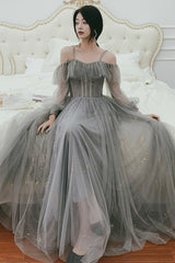 Gray Tulle Sequins Long Prom Dresses, A-Line Evening Dresses