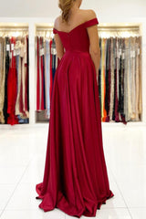 Burgundy Satin Long Prom Dresses, A-Line Off the Shoulder Evening Dresses