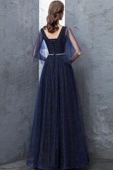 Blue V-Neck Tulle Long Prom Dresses, A-Line Evening Dresses