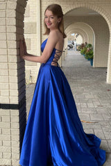 Blue Satin Long Prom Dresses, A-Line Backless Evening Dresses with Pockets