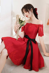 Red Satin Lace Short Prom Dresses, A-Line Evening Party Dresses