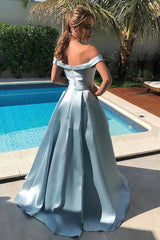 Blue Satin Long Prom Dresses, Off the Shoulder Evening Dresses