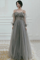 Gray Tulle Sequins Long Prom Dresses, A-Line Evening Dresses