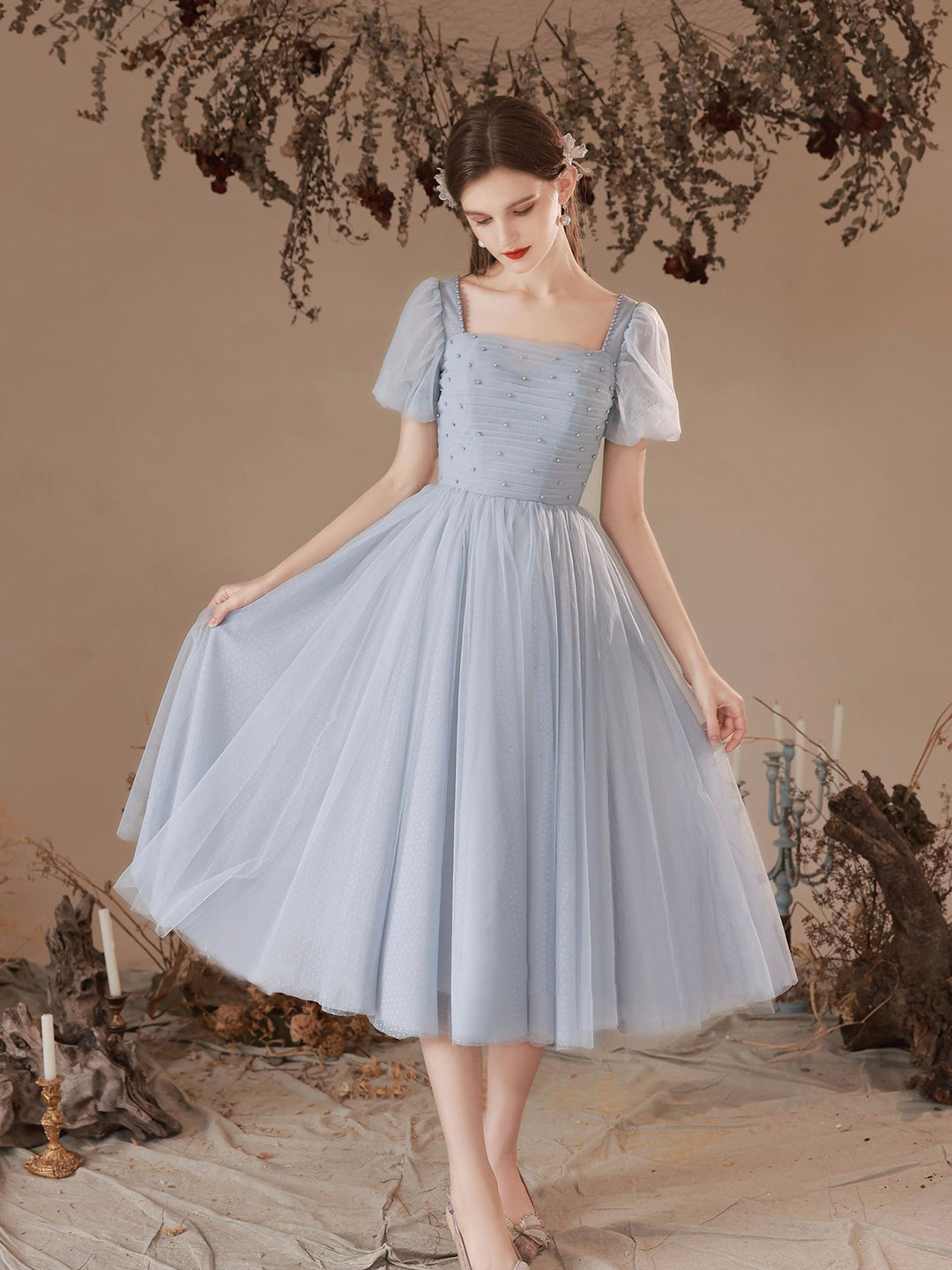 Gray Tulle Pearl Short Prom Dress, Cute Short Sleeve Party Dress