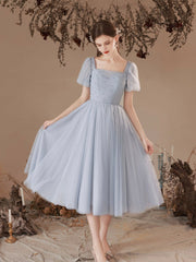 Gray Tulle Pearl Short Prom Dress, Cute Short Sleeve Party Dress