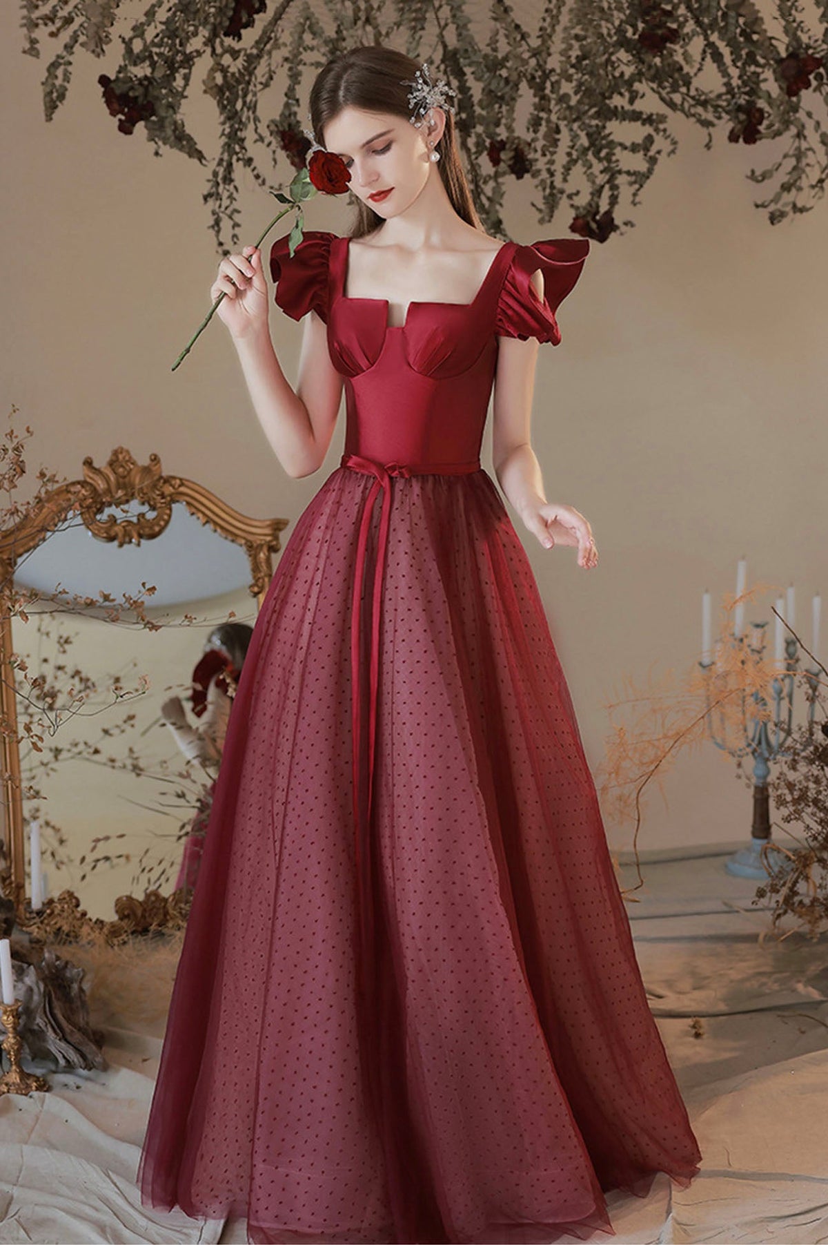 Burgundy Satin Tulle Long Prom Dress, A-Line Evening Dress