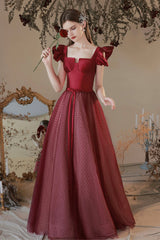 Burgundy Satin Tulle Long Prom Dress, A-Line Evening Dress