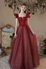 Burgundy Satin Tulle Long Prom Dress, A-Line Evening Dress