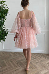 Pink Tulle Short Prom Dresses, Cute Puff Sleeved Mini Party Dresses