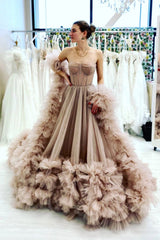 A-Line Tulle Strapless Long Prom Dresses, Evening Party Dresses
