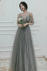 Gray Tulle Sequins Long Prom Dresses, A-Line Evening Dresses