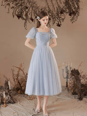 Gray Tulle Pearl Short Prom Dress, Cute Short Sleeve Party Dress