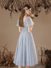 Gray Tulle Pearl Short Prom Dress, Cute Short Sleeve Party Dress