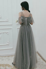 Gray Tulle Sequins Long Prom Dresses, A-Line Evening Dresses