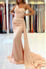 Mermaid Satin Long Prom Dresses, One Shoulder Evening Dresses