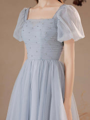 Gray Tulle Pearl Short Prom Dress, Cute Short Sleeve Party Dress