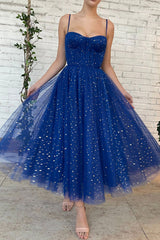 Blue Tulle Short Prom Dresses, A-Line Spaghetti Strap Evening Dresses