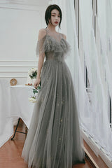 Gray Tulle Sequins Long Prom Dresses, A-Line Evening Dresses