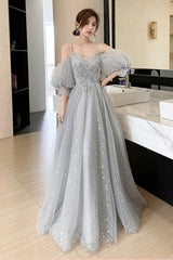 Gray Tulle Sequins Long Prom Dresses, A-Line Evening Dresses