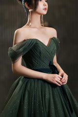 Green Tulle Long Prom Dress, Off the Shoulder A-Line Evening Party Dress