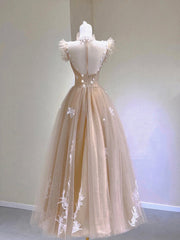 Champagne Lace Tea Length Prom Dresses, A-Line Evening Dresses