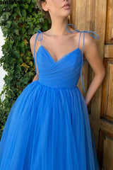 Blue V-Neck Tulle Short Prom Dress, Blue A-Line Party Dress