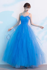 Blue Tulle Long Prom Dresses, A-Line Evening Dresses