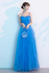 Blue Tulle Long Prom Dresses, A-Line Evening Dresses