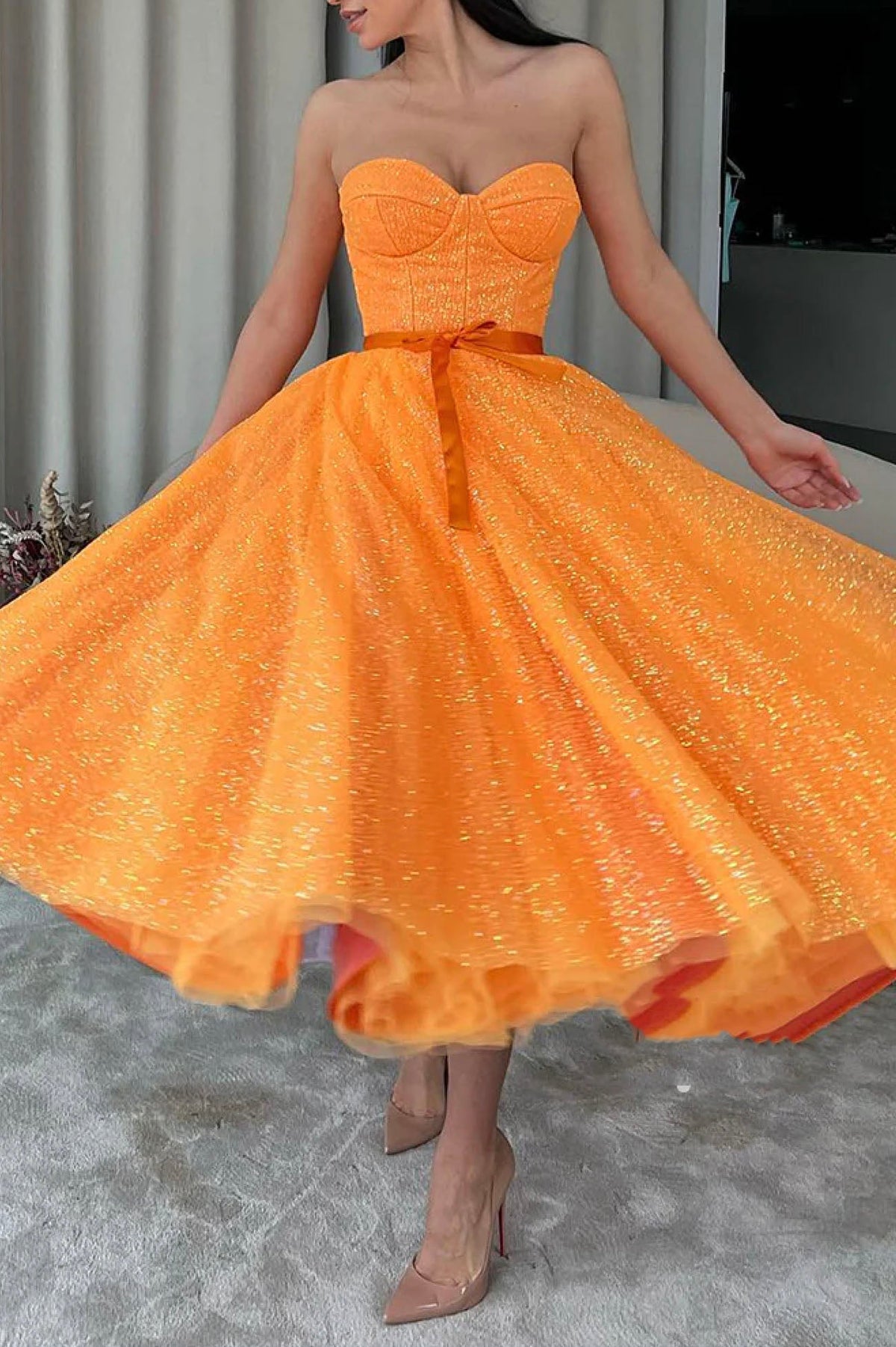 Orange Tulle Short A-Line Prom Dress, Cute Strapless Party Dress