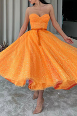 Orange Tulle Short A-Line Prom Dress, Cute Strapless Party Dress