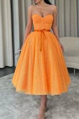 Orange Tulle Short A-Line Prom Dress, Cute Strapless Party Dress