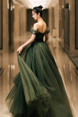 Green Tulle Long Prom Dress, Off the Shoulder A-Line Evening Party Dress