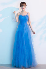 Blue Tulle Long Prom Dresses, A-Line Evening Dresses