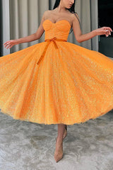 Orange Tulle Short A-Line Prom Dress, Cute Strapless Party Dress