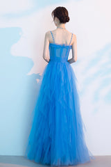 Blue Tulle Long Prom Dresses, A-Line Evening Dresses