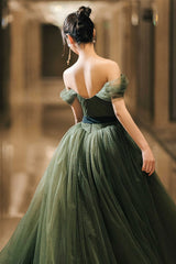 Green Tulle Long Prom Dress, Off the Shoulder A-Line Evening Party Dress