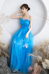 Blue Tulle Long Prom Dresses, A-Line Evening Dresses