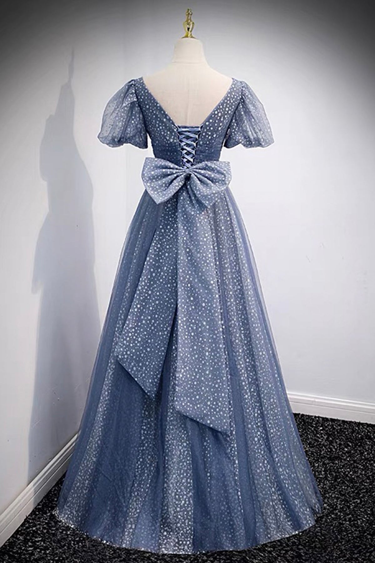 Blue V-Neck Tulle Long Prom Dresses, A-Line Evening Dresses